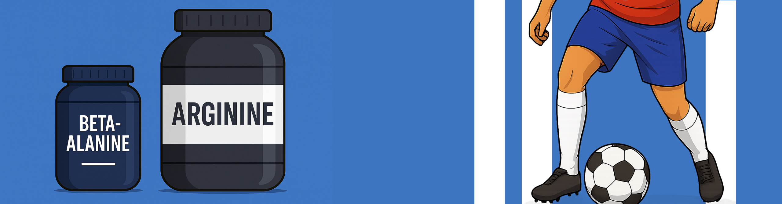 تصویر گرافیکی فوتبالیست با توپ به همراه مکمل‌های بتا آلانین و آرژنین روی زمینه آبی