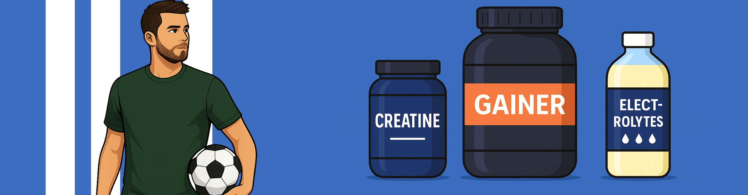 تصویر فوتبالیست با توپ و سه مکمل ورزشی کراتین، گینر و الکترولیت روی زمینه آبی