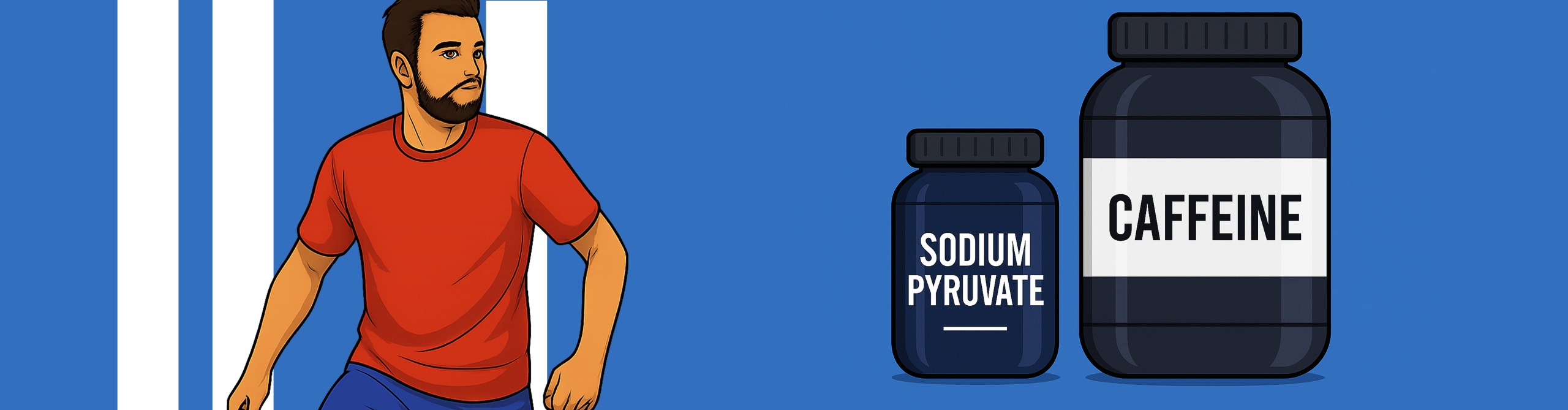 تصویر فوتبالیست با دو مکمل سدیم پیروات و کافئین روی زمینه آبی